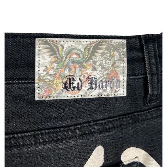 Ed Hardy 90s Flare black jeans Tiger head embroidery boho logo sz 34 - Picture 11 of 14